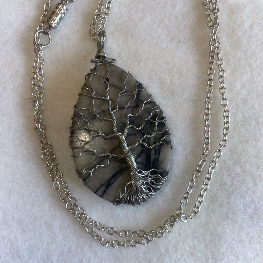 Stone Wrapped Tree Of Life Pendant On A 25" Silver Tone Chain RARE!!!